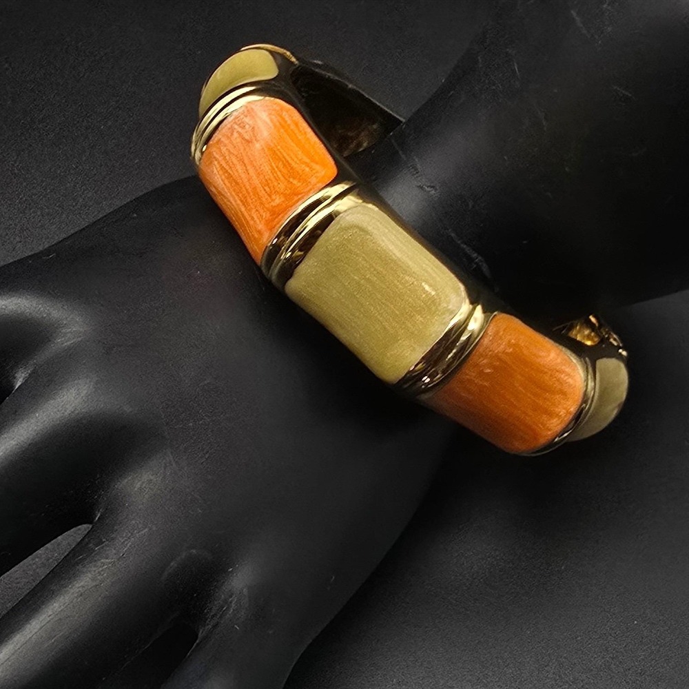 Orange Cream Enamel Bangle Bracelet Clamper Hinged